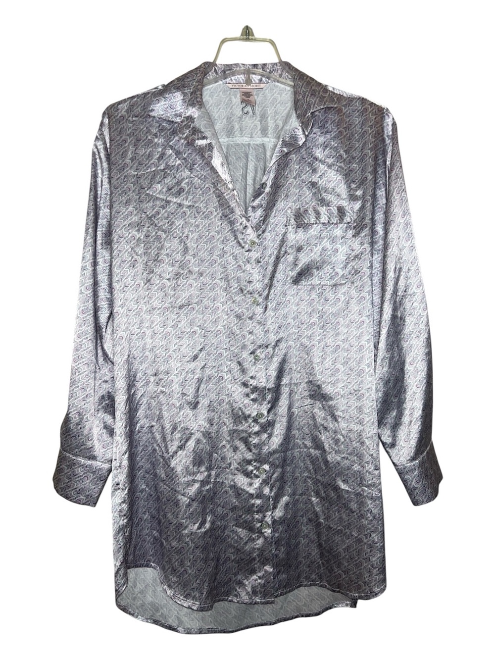 Victoria Secret Striped Levander Satin Long Sleeves Tunic Sleep Shirt Medium